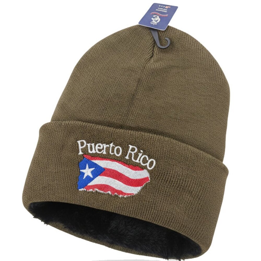 Puerto Rico Embroidered Skull Cap Beanie Winter Hat, Warm Lined, Light Brown NWT